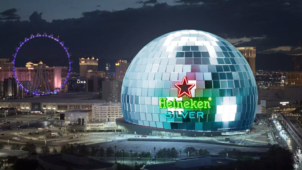 The Sphere in Las Vegas, displaying a Heineken logo